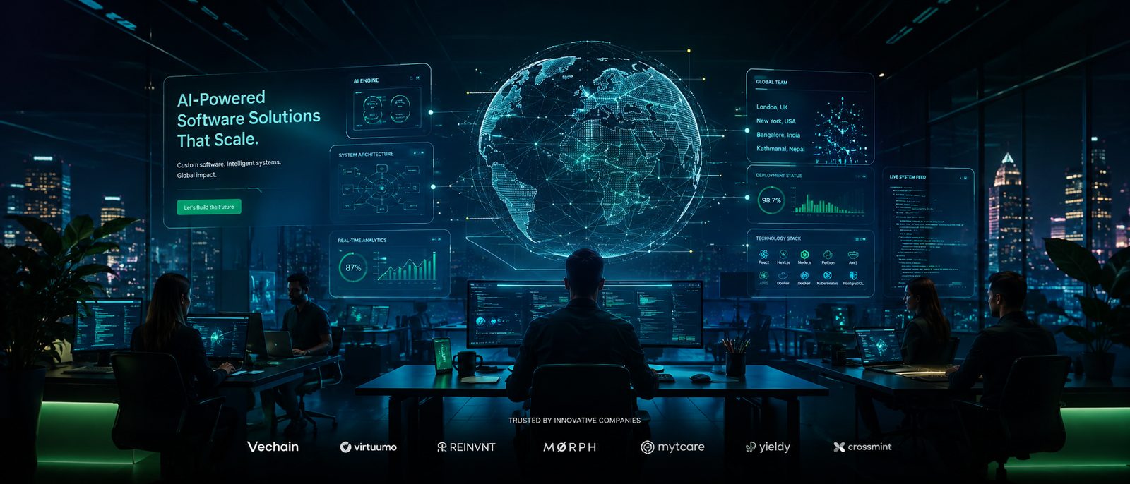 Zespół developerów pracujący nad projektem w nowoczesnym biurze